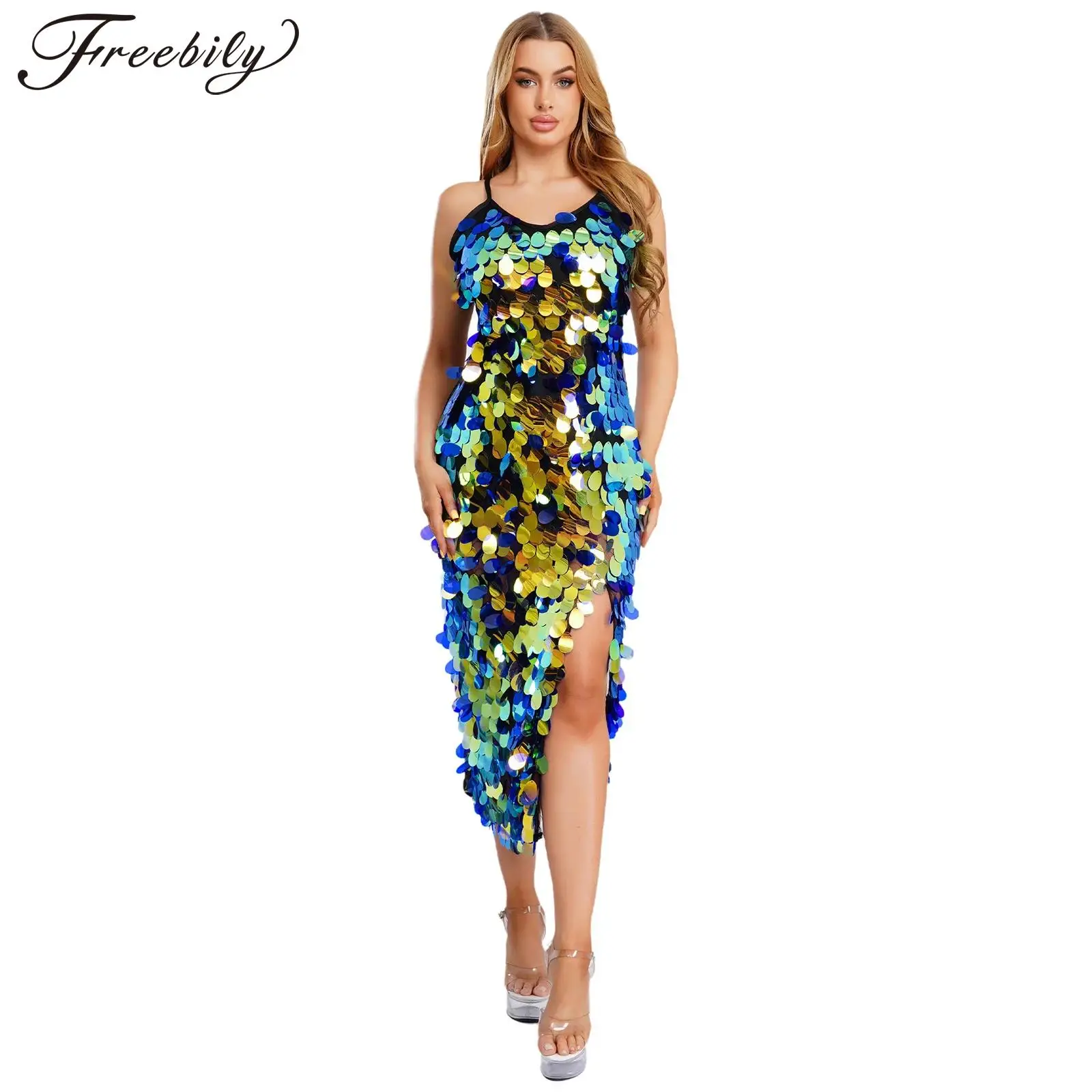 Women Belly Dance Costume Metallic Sequins Spaghetti Strap Bodycon Dress Mermaid Maxi Dress for Latin Tango Samba Dancing
Women Belly Dance Costume Metallic Sequins Spaghetti Strap Bodycon Dress Mermaid Maxi Dress for Latin Tango Samba Dancing
