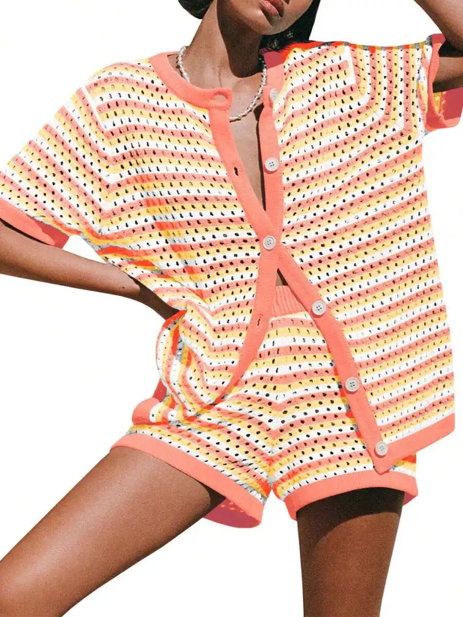 Womens Crochet Knit Button Down Cover Up Set Striped Sheer Beach Shorts Two Piece Summer Outfit
Womens Crochet Knit Button Down Cover Up Set Striped Sheer Beach Shorts Two Piece Summer Outfit