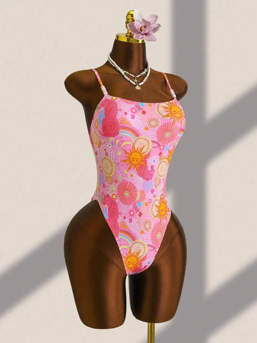 Womens One-Piece Swimsuit With Sun And Floral Print For Beach Vacation
Womens One-Piece Swimsuit With Sun And Floral Print For Beach Vacation