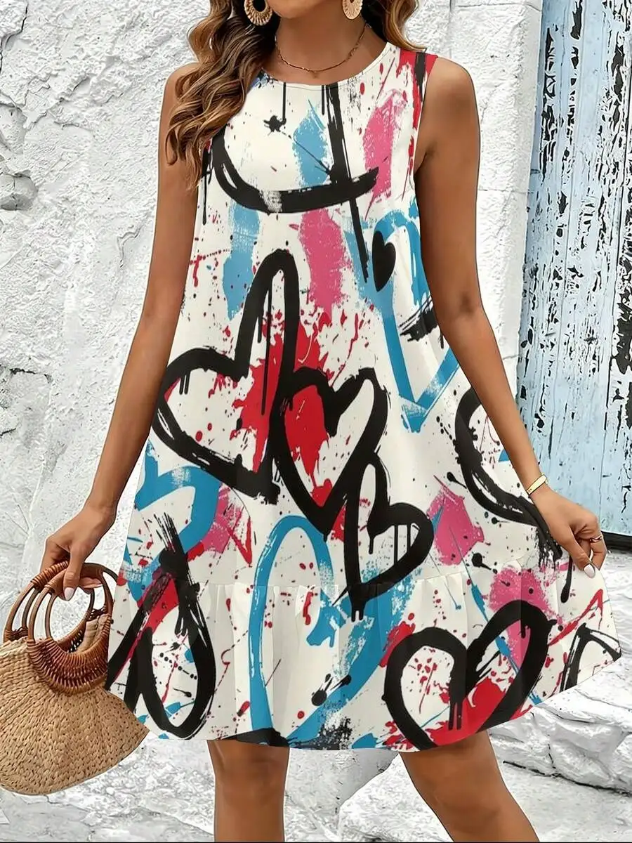 Womens Round Neck Sleeveless Swing Dress With Abstract Paint Splatter Print Casual A-Line Summer Dress
Womens Round Neck Sleeveless Swing Dress With Abstract Paint Splatter Print Casual A-Line Summer Dress