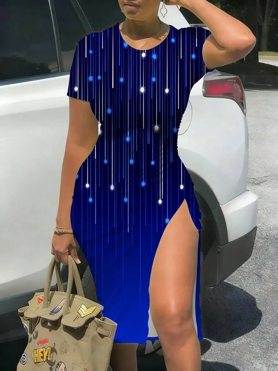 Women Short Sleeve Fitted Midi Dress With High Slit And Starry Vertical Pattern Blue
Women Short Sleeve Fitted Midi Dress With High Slit And Starry Vertical Pattern Blue