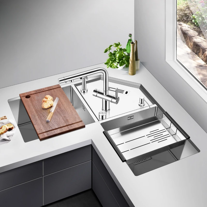 Kitchen corner sink double groove corner special-shaped multifunctional stainless steel sink sunken with knife holder
Kitchen corner sink double groove corner special-shaped multifunctional stainless steel sink sunken with knife holder