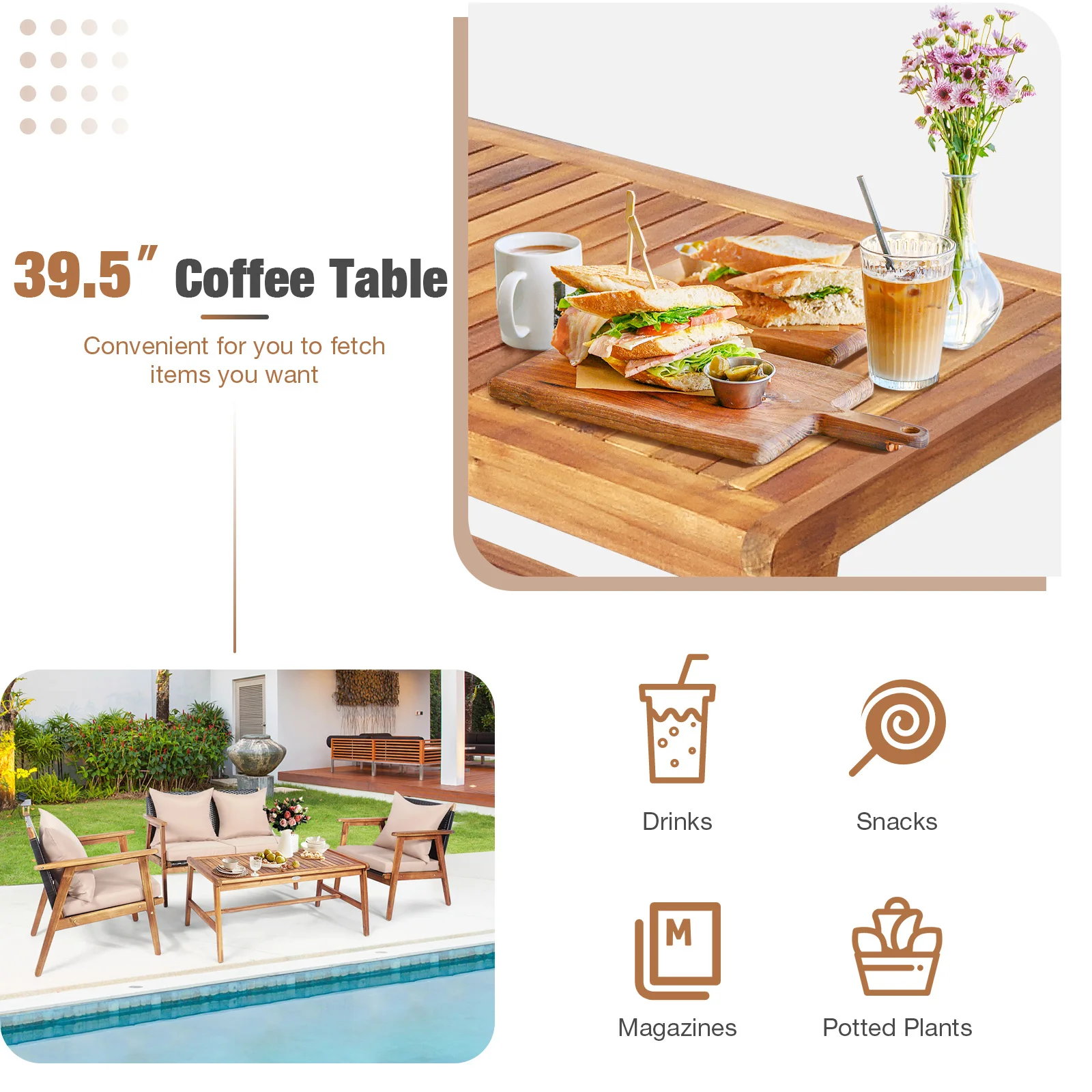 4PCS Patio Rattan Furniture Set Acacia Wood Frame Cushioned Sofa Chair Garden 4PCS Patio Rattan Furniture Set Acacia Wood Frame Cushioned Sofa Chair Garden