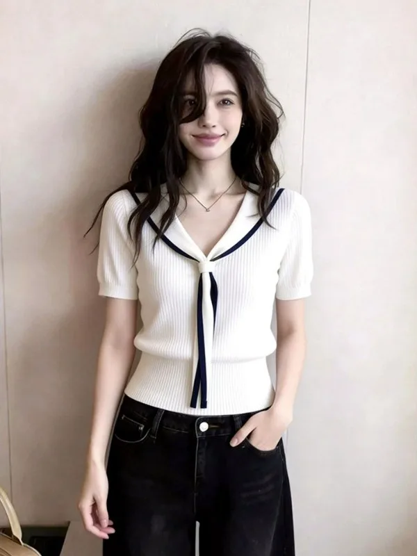 Korean Style Simple Navy Collar Short Sleeve Women's Knitted Top White Belted Spring New Arrival Versatile Commute Friendly
Korean Style Simple Navy Collar Short Sleeve Women's Knitted Top White Belted Spring New Arrival Versatile Commute Friendly