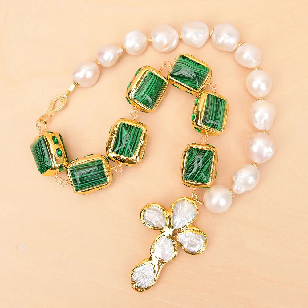 G-G Natural White Keshi Baroque Pearl Gold Plated Green Malachite Stone Necklace Coin Pearl Cross Pendant
G-G Natural White Keshi Baroque Pearl Gold Plated Green Malachite Stone Necklace Coin Pearl Cross Pendant