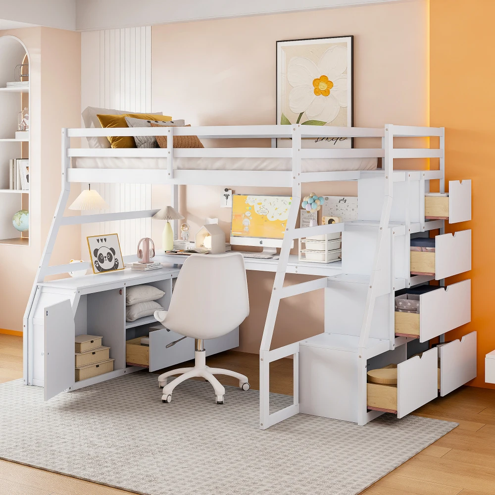 Full Size Loft Bed with 7 Drawers 2 Shelves and Desk - White
Full Size Loft Bed with 7 Drawers 2 Shelves and Desk - White