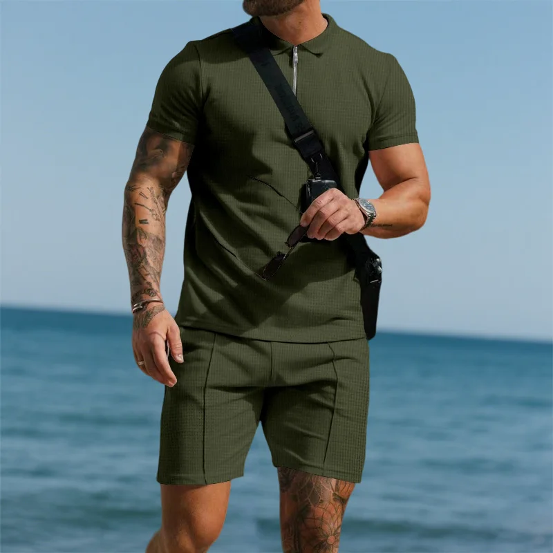 Men's Summer Waffle Short-Sleeve Zip-Up Lapel Suit Shorts Set Solid Color European US Style Trendy Casual Wear 2025
Men's Summer Waffle Short-Sleeve Zip-Up Lapel Suit Shorts Set Solid Color European US Style Trendy Casual Wear 2025