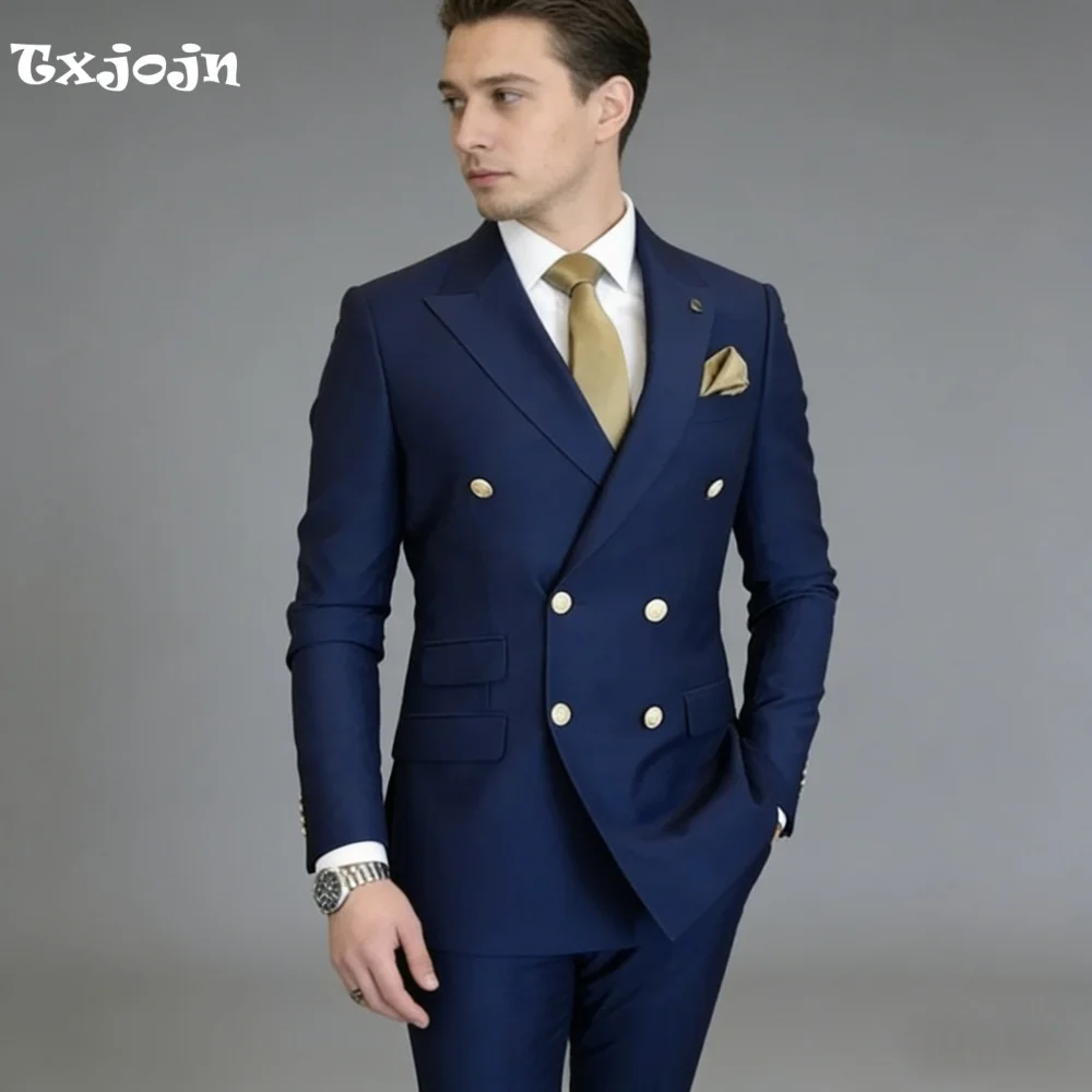 Elegant Men Navy Blue Double Breasted Suit Peak Lapels Gold Buttons Slim Fit 2-Piece Set for Business Meetings, Office Wear
Elegant Men Navy Blue Double Breasted Suit Peak Lapels Gold Buttons Slim Fit 2-Piece Set for Business Meetings, Office Wear