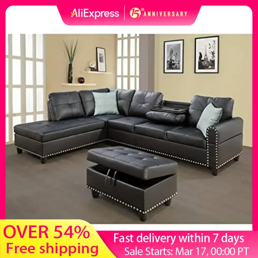 Living Room Sofa, L-Shape PU Leather Sectional Couch Set with Storage, Chaise, Ottoman, 2 Cup Holders & 2 Toss Pillow, Black
Living Room Sofa, L-Shape PU Leather Sectional Couch Set with Storage, Chaise, Ottoman, 2 Cup Holders & 2 Toss Pillow, Black