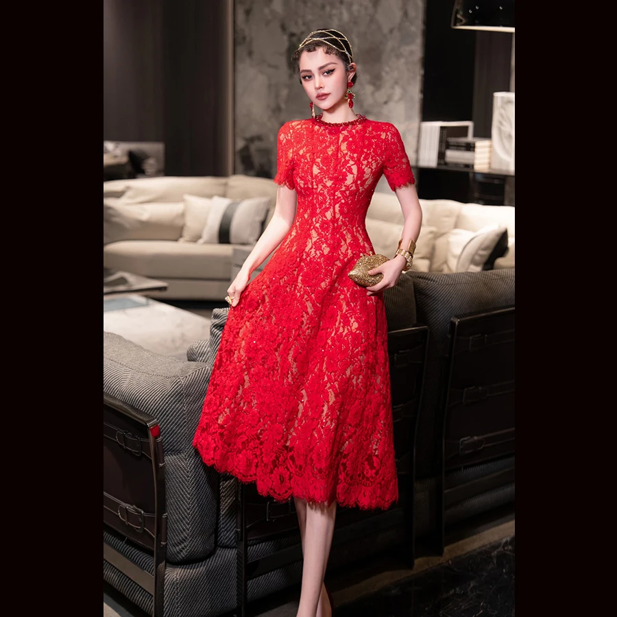 Handmade Nail Drill Exquisite Sequin Short Sleeve Lace Dress Summer Slimming Dress 250227MX01
Handmade Nail Drill Exquisite Sequin Short Sleeve Lace Dress Summer Slimming Dress 250227MX01