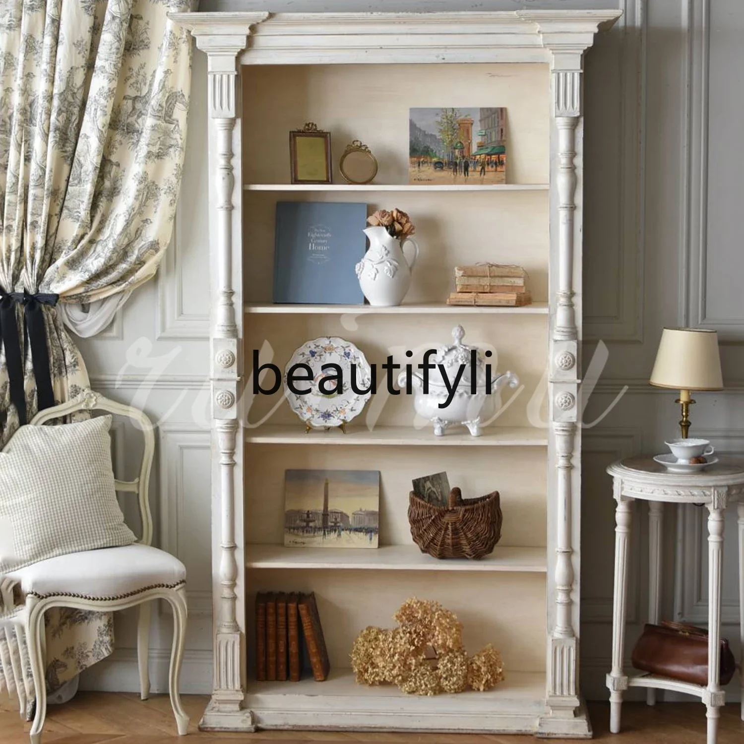 A139 French solid wood bookcase villa carved display cabinet American white old color household storage bookshelf 
A139 French solid wood bookcase villa carved display cabinet American white old color household storage bookshelf