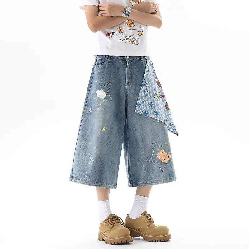Streetwear Design Men's Denim Shorts Summer New Star Bear Plaid Square Scarf Patchwork Design Knee Length Jeans
Streetwear Design Men's Denim Shorts Summer New Star Bear Plaid Square Scarf Patchwork Design Knee Length Jeans