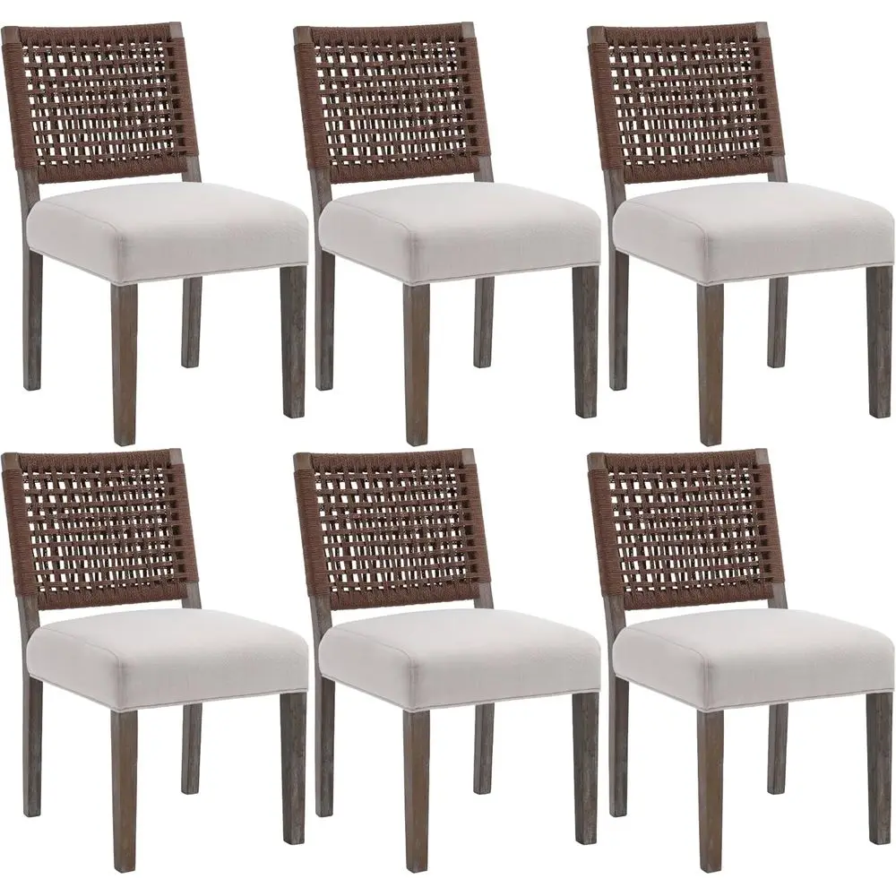 Beige Upholstered Dining Chairs Set of 6 with Woven Rope Back and Wooden Sides - Linen Look
Beige Upholstered Dining Chairs Set of 6 with Woven Rope Back and Wooden Sides - Linen Look