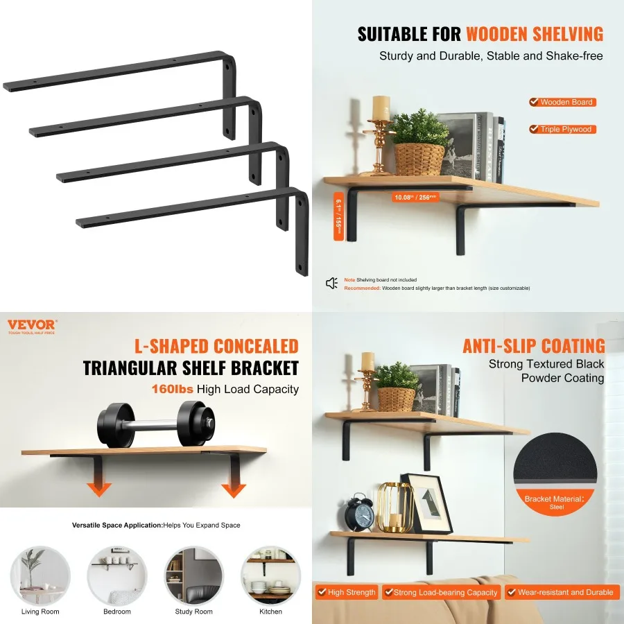 VEVOR Shelf Bracket Heavy Duty Floating Shelf Brackets 10 x 6 in 4 Pcs Brackets for Shees 5mm Thick Matte Black L Shelf Bracket
VEVOR Shelf Bracket Heavy Duty Floating Shelf Brackets 10 x 6 in 4 Pcs Brackets for Shees 5mm Thick Matte Black L Shelf Bracket