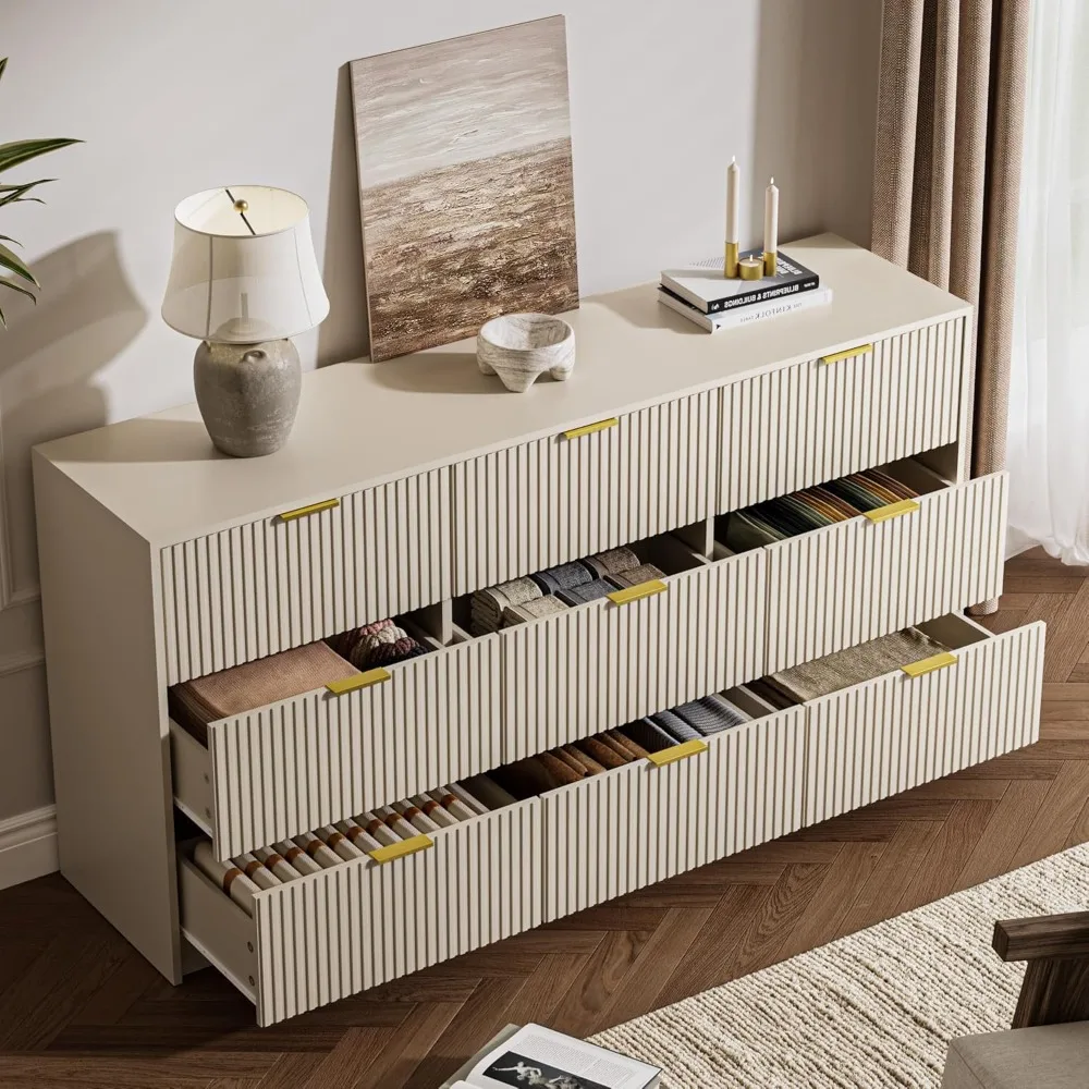 Beige Nine-drawer Chest of Drawers, 63 Inches Wide, Modern Style, with Recessed Design and Gold-tone Metal Handles
Beige Nine-drawer Chest of Drawers, 63 Inches Wide, Modern Style, with Recessed Design and Gold-tone Metal Handles