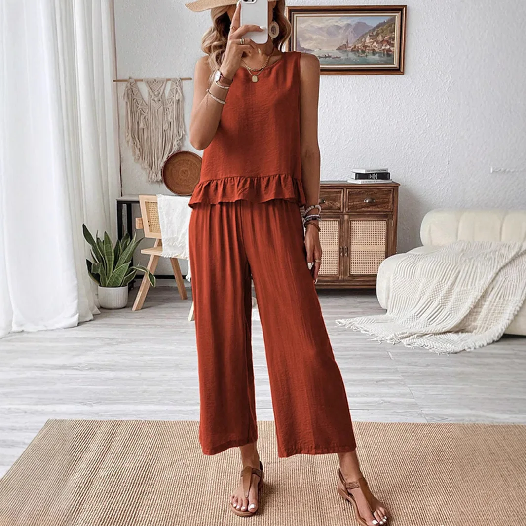 2025 Summer Women Vest Suit Casual Slim Solid Color Sleeveless Top Wide-leg Pants Versatile Style Women Trousers Two-piece Suit
2025 Summer Women Vest Suit Casual Slim Solid Color Sleeveless Top Wide-leg Pants Versatile Style Women Trousers Two-piece Suit