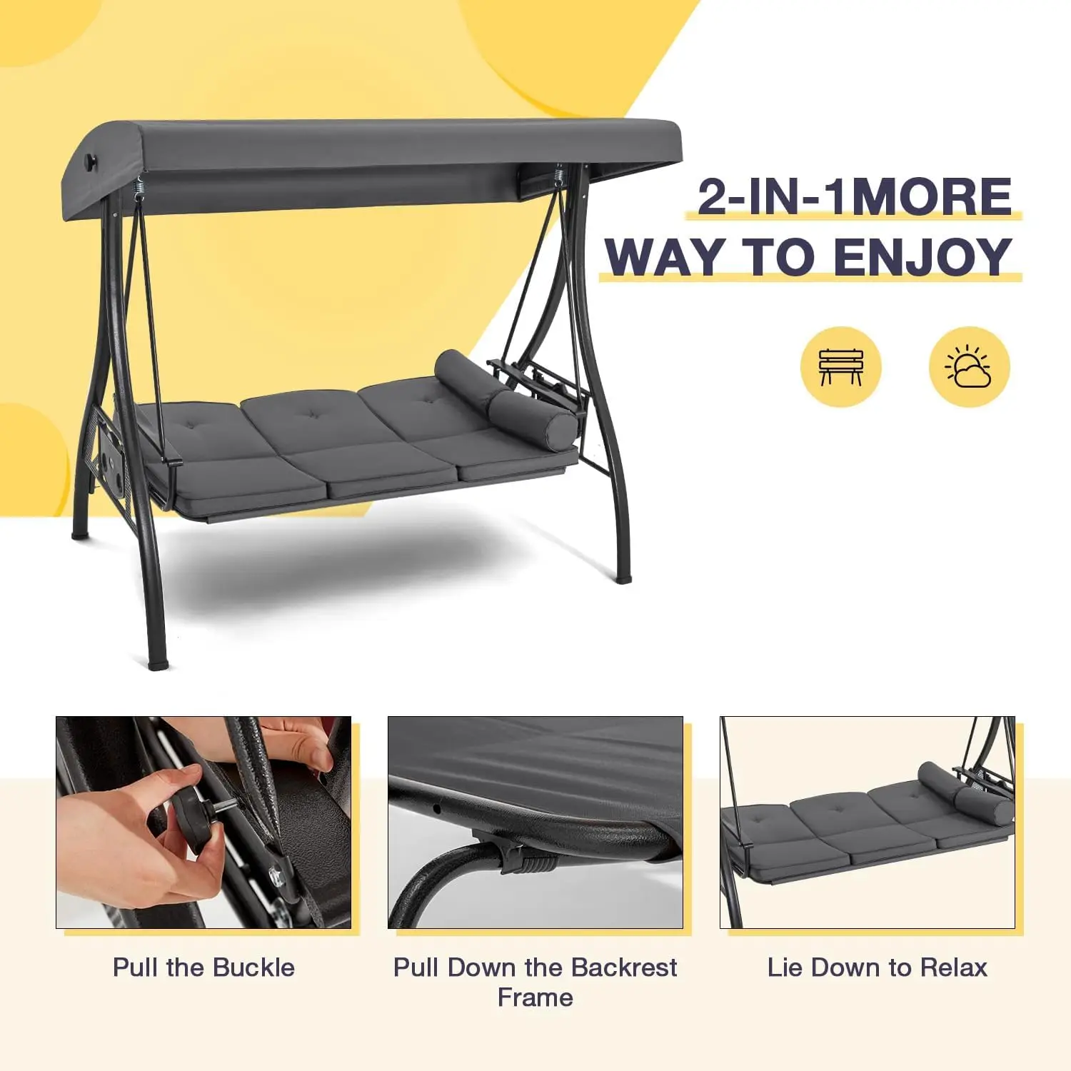 Outdoor Porch Swing for 3 People with Adjustable Canopy Backrest Cup Holder Steel Frame Cushions Gray
Outdoor Porch Swing for 3 People with Adjustable Canopy Backrest Cup Holder Steel Frame Cushions Gray