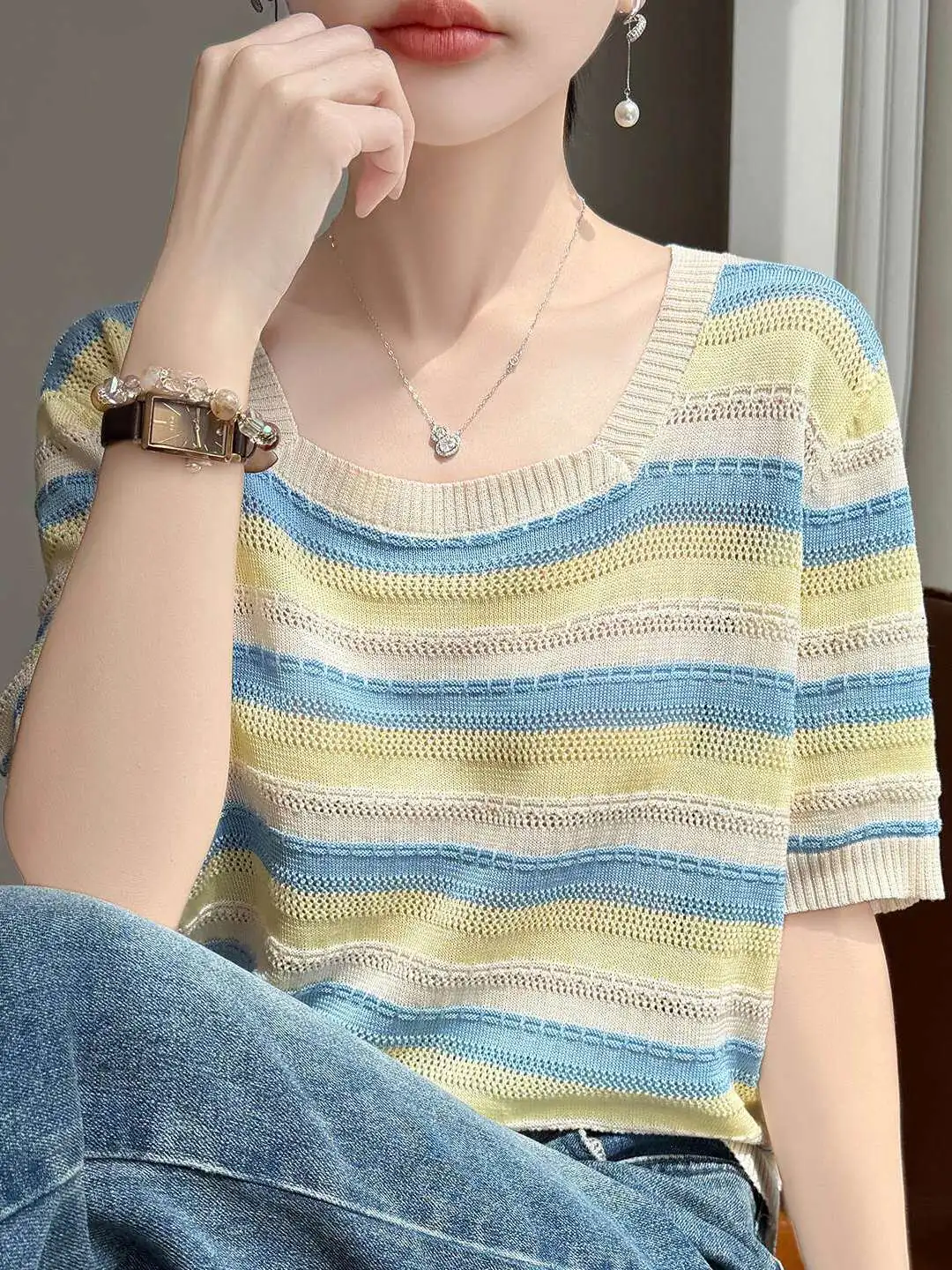 Fashionable Square Collar Hollow out Knitted T-Shirt Women's Summer Loose Short Sleeve Top Korean Style Striped Design
Fashionable Square Collar Hollow out Knitted T-Shirt Women's Summer Loose Short Sleeve Top Korean Style Striped Design