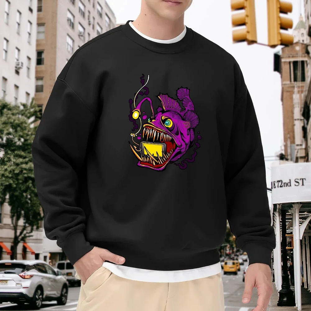 Men's Black Crew Neck Loose Sweatshirt with Unique Purple Fish Print, Street Fashion Casual Versatile Pullover, Comfortable and Stylish for Everyday Wear
Men's Black Crew Neck Loose Sweatshirt with Unique Purple Fish Print, Street Fashion Casual Versatile Pullover, Comfortable and Stylish for Everyday Wear