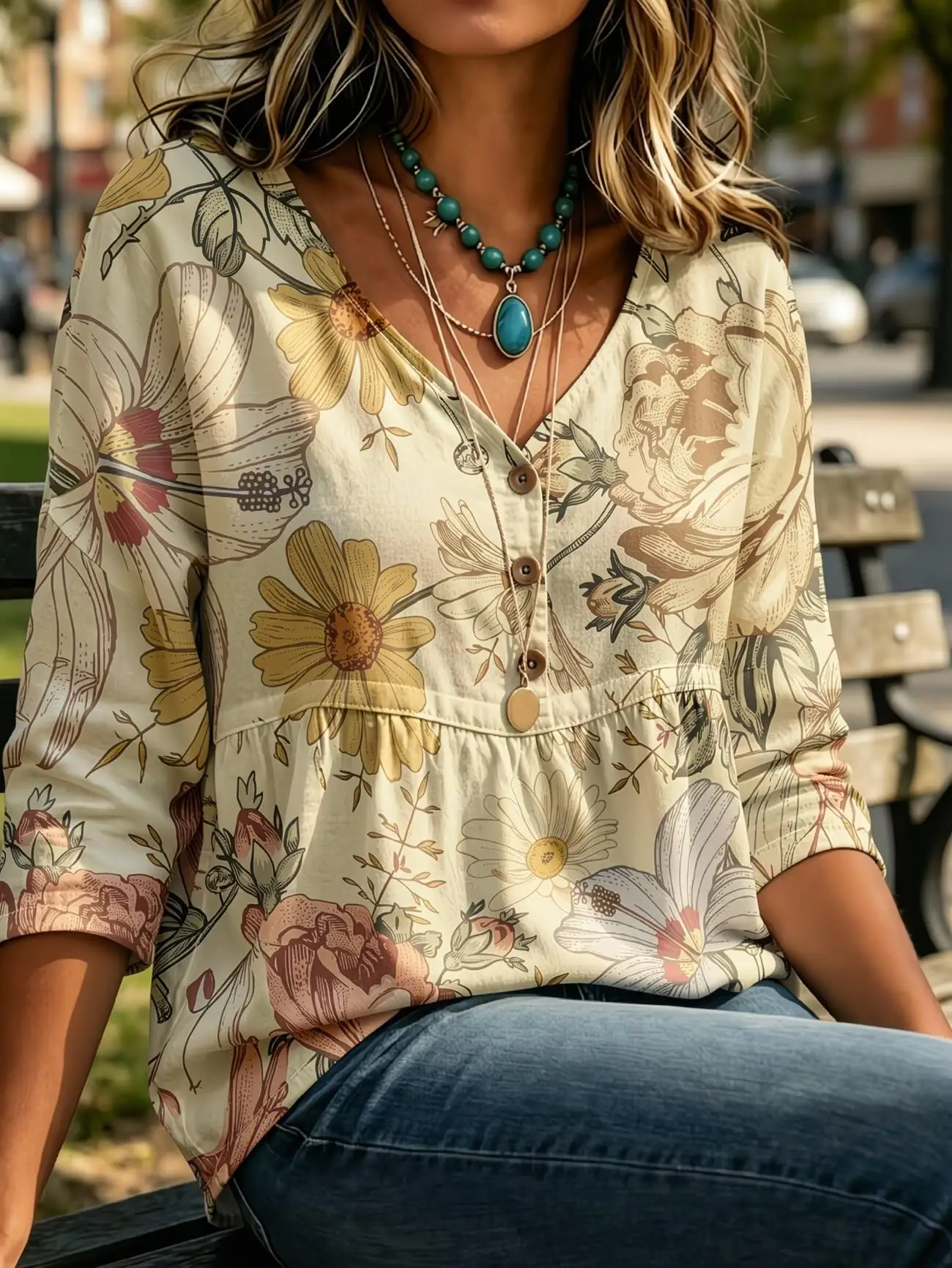 Women's Light Khaki Retro Sunflower Rose Sketch Print V Neck Wooden Button Tiered 3/4 Sleeve Vintage Blouse
Women's Light Khaki Retro Sunflower Rose Sketch Print V Neck Wooden Button Tiered 3/4 Sleeve Vintage Blouse