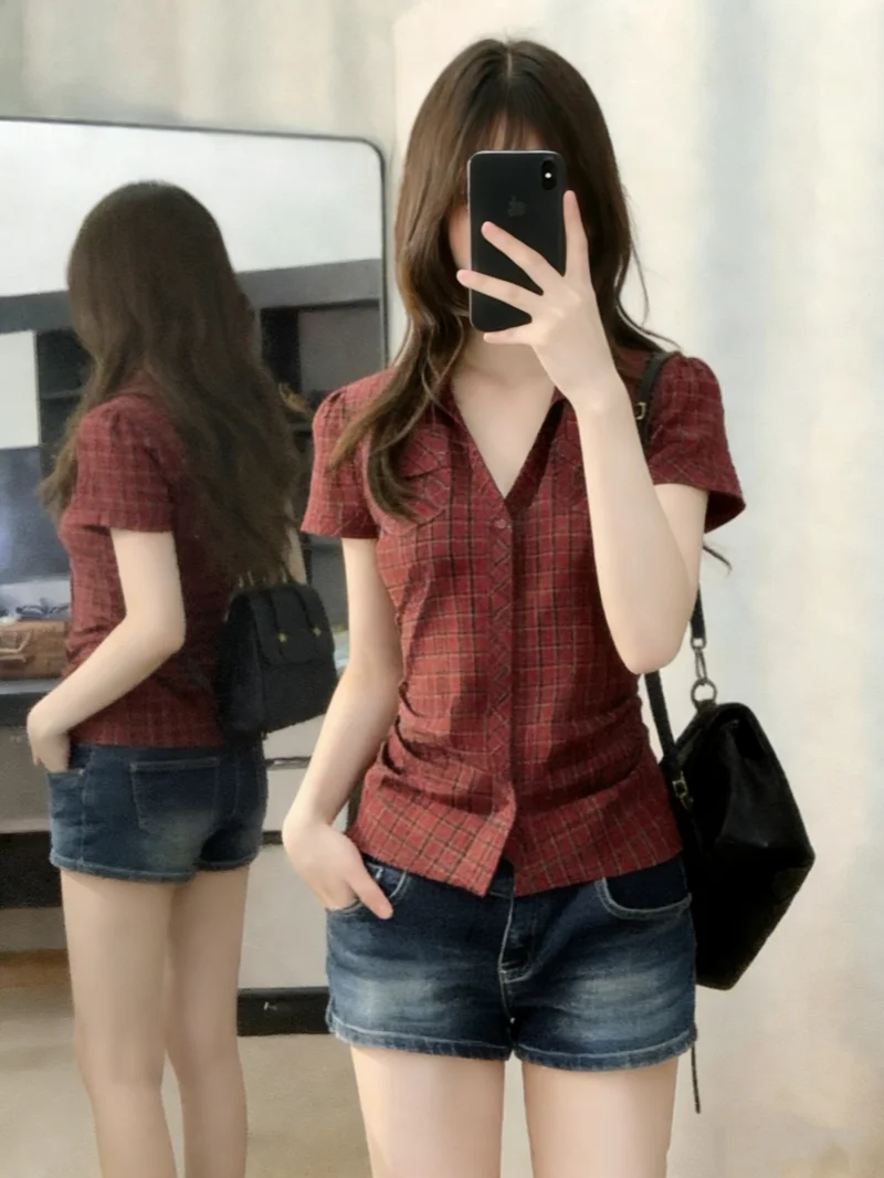 Slimming Plaid Short Sleeve Shirt Women's Summer Waist-Cinching Chic Top Color Block College Style Fashionable Business Casual
Slimming Plaid Short Sleeve Shirt Women's Summer Waist-Cinching Chic Top Color Block College Style Fashionable Business Casual