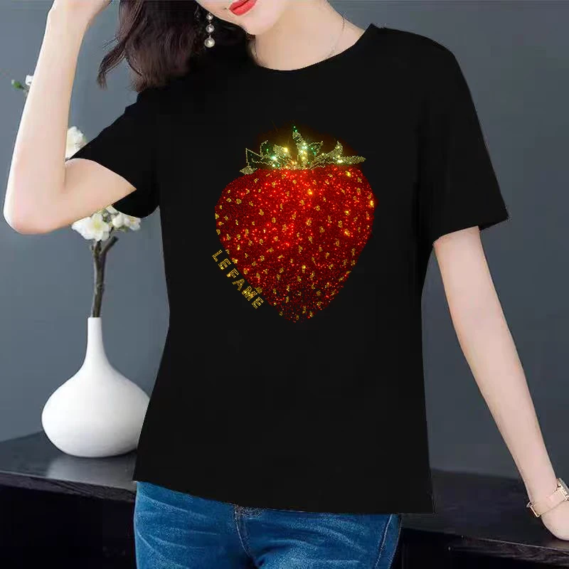 Ice silk cotton women's short sleeve casual T-shirt with rhinestone pretty strawberry summer
Ice silk cotton women's short sleeve casual T-shirt with rhinestone pretty strawberry summer