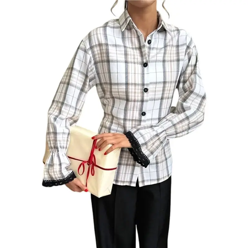 NEW-Women Plaid Long Sleeve Shirt Lapel Button Down Flared Cuff Lace Trim Tie Waist Blouse
NEW-Women Plaid Long Sleeve Shirt Lapel Button Down Flared Cuff Lace Trim Tie Waist Blouse