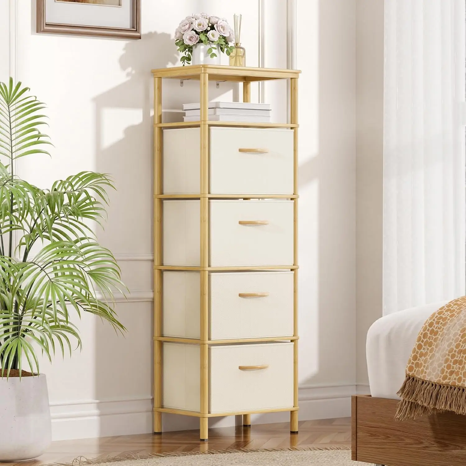 Natural Bamboo Tall Dresser with 4 Water-Resistant Fabric Drawers for Small Spaces in Bedroom, Living Room, Hallway
Natural Bamboo Tall Dresser with 4 Water-Resistant Fabric Drawers for Small Spaces in Bedroom, Living Room, Hallway