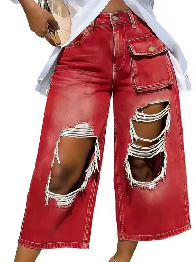 Street Style High Waist Wide Leg Capri Pants Torn Frayed Hem Bleached Shorts Women's Cotton Polyester Blend No Stretch
Street Style High Waist Wide Leg Capri Pants Torn Frayed Hem Bleached Shorts Women's Cotton Polyester Blend No Stretch