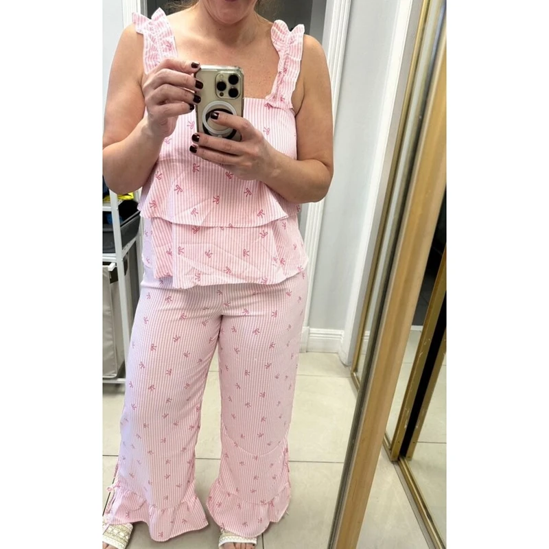 HEZIOWYUN Women 2Pieces Bow Striped Pjs Loungewear Set Sleeveless Layered Camisole with Slit Long Pants Summer Ruffled Outfits
HEZIOWYUN Women 2Pieces Bow Striped Pjs Loungewear Set Sleeveless Layered Camisole with Slit Long Pants Summer Ruffled Outfits