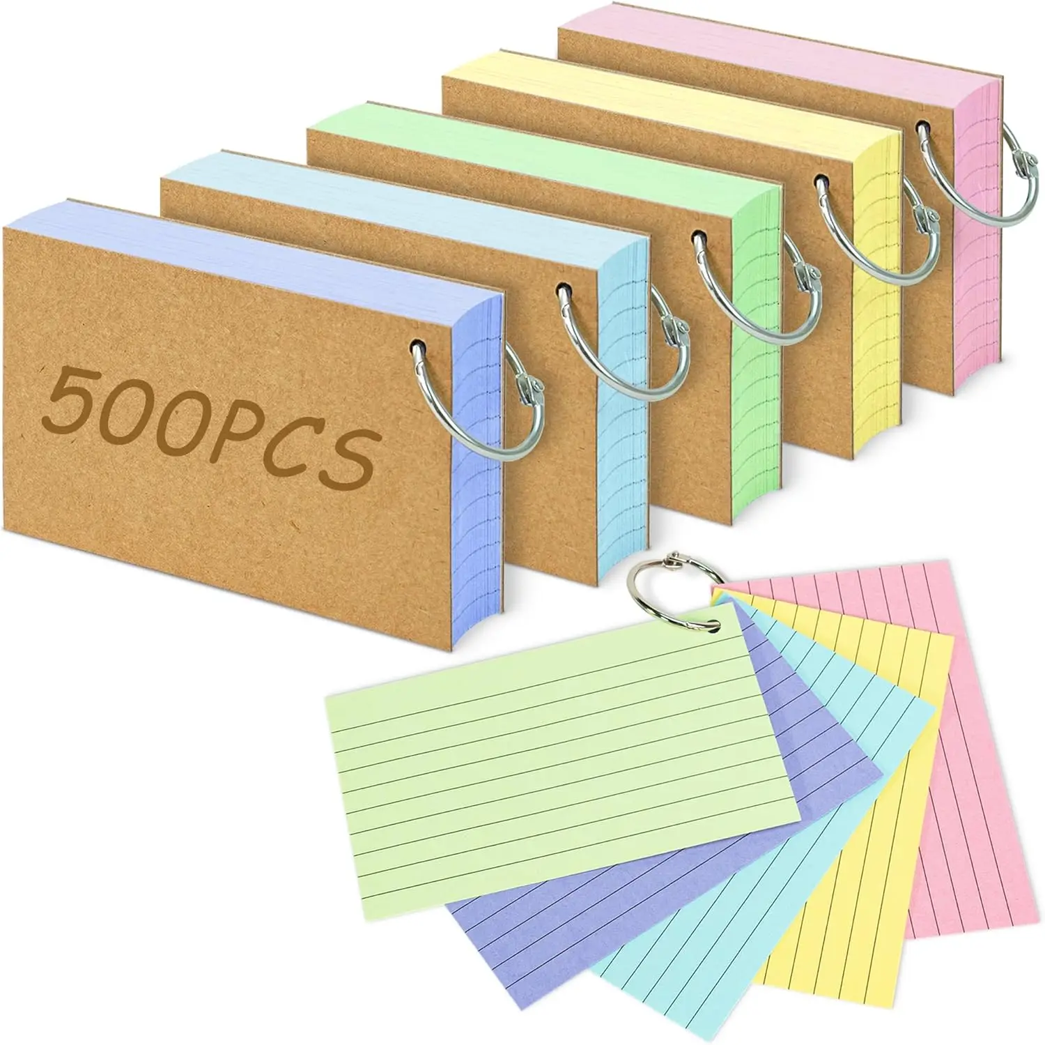 500 Colored Index Cards 3x5 with Ring, Lined Both Sides, Study Flashcards
500 Colored Index Cards 3x5 with Ring, Lined Both Sides, Study Flashcards