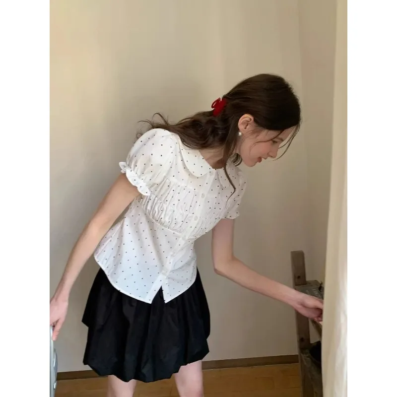 Women Polka Dot Peter Pan Collar Ruffle Short Sleeve Pleated Button Down Sweet Casual Daily Blouse
Women Polka Dot Peter Pan Collar Ruffle Short Sleeve Pleated Button Down Sweet Casual Daily Blouse