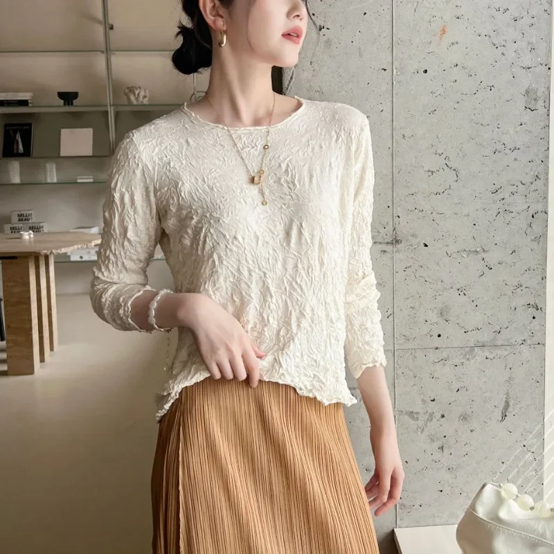 SMVP Women Casual T-shirt Solid Colour Round Neck Long-sleeved Chaotic Pleated Design Loose Large Size Stretch Fashion Tops
SMVP Women Casual T-shirt Solid Colour Round Neck Long-sleeved Chaotic Pleated Design Loose Large Size Stretch Fashion Tops