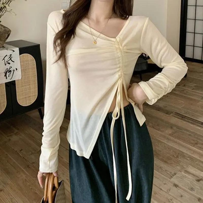 Pleated Drawstring Solid T-Shirts Fashion Loose Spring Summer Thin Sweet Long Sleeve Young Style Streetwear New Women's Clothing
Pleated Drawstring Solid T-Shirts Fashion Loose Spring Summer Thin Sweet Long Sleeve Young Style Streetwear New Women's Clothing