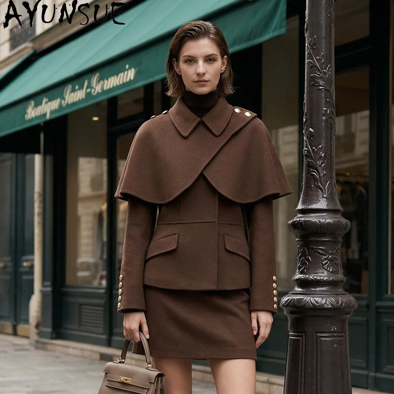 AYUNSUE Women's 100% Wool Cape Coat Autumn Winter Cinched Waist Slimming Jacket Woman Fashion Commuter Outerwear Woman Clothes
AYUNSUE Women's 100% Wool Cape Coat Autumn Winter Cinched Waist Slimming Jacket Woman Fashion Commuter Outerwear Woman Clothes