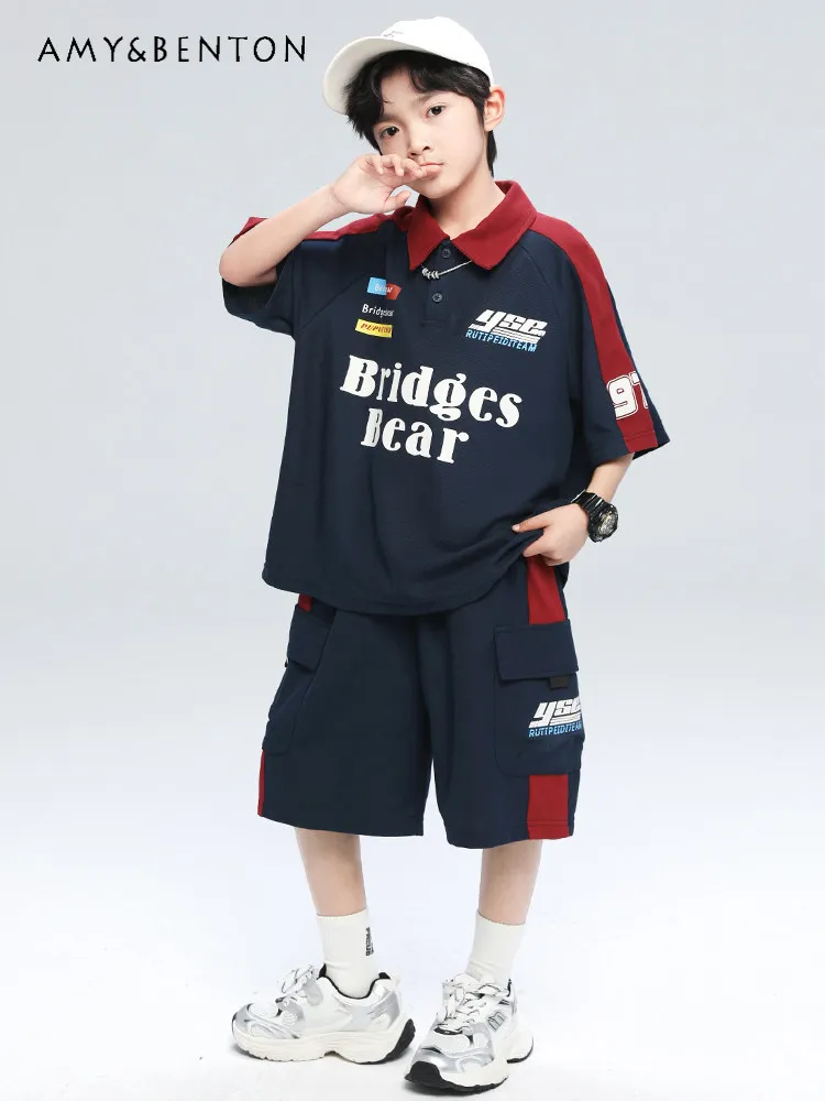 Boys Summer New 2026 Polo Short Sleeve Shirt Set Kids Cool and Stylish Letter Print Loose Color Block Pullover Casual Sportswear
Boys Summer New 2026 Polo Short Sleeve Shirt Set Kids Cool and Stylish Letter Print Loose Color Block Pullover Casual Sportswear