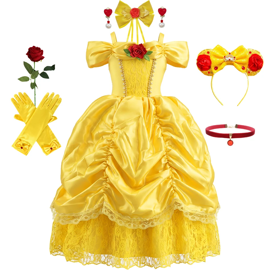 Belle Princess Dress for Girls Yellow Off Shoulder Satin Lace Ball Gown with Accessories for Kids Halloween Party Role Play
Belle Princess Dress for Girls Yellow Off Shoulder Satin Lace Ball Gown with Accessories for Kids Halloween Party Role Play