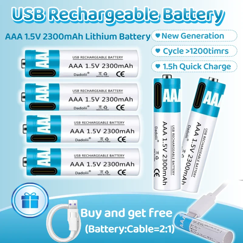 1.5V 2300mAh AAA Rechargeable Battery Lithium Polymer Battery with Type-C USB Fast Charging for Toys/Flashlights/Remote
1.5V 2300mAh AAA Rechargeable Battery Lithium Polymer Battery with Type-C USB Fast Charging for Toys/Flashlights/Remote