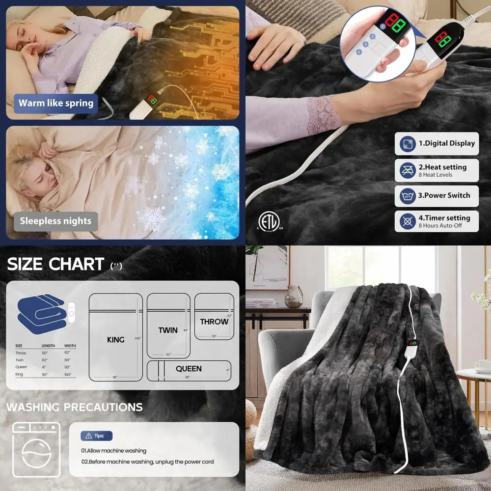 Queen Size Electric Heated Blanket with Faux Fur, 84x90, Dual Controls, 8 Heat Levels, Auto-Off, Washable Sherpa, Grey
Queen Size Electric Heated Blanket with Faux Fur, 84x90, Dual Controls, 8 Heat Levels, Auto-Off, Washable Sherpa, Grey