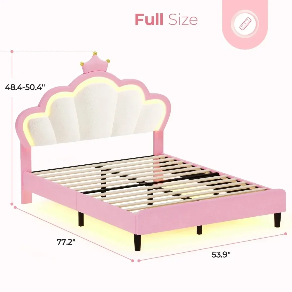 Pink Princess Girl Beds Frame with Headboard, Velvet Upholstered Platform Bed with Princess Crown, Full Size Bed with LED Lights
Pink Princess Girl Beds Frame with Headboard, Velvet Upholstered Platform Bed with Princess Crown, Full Size Bed with LED Lights