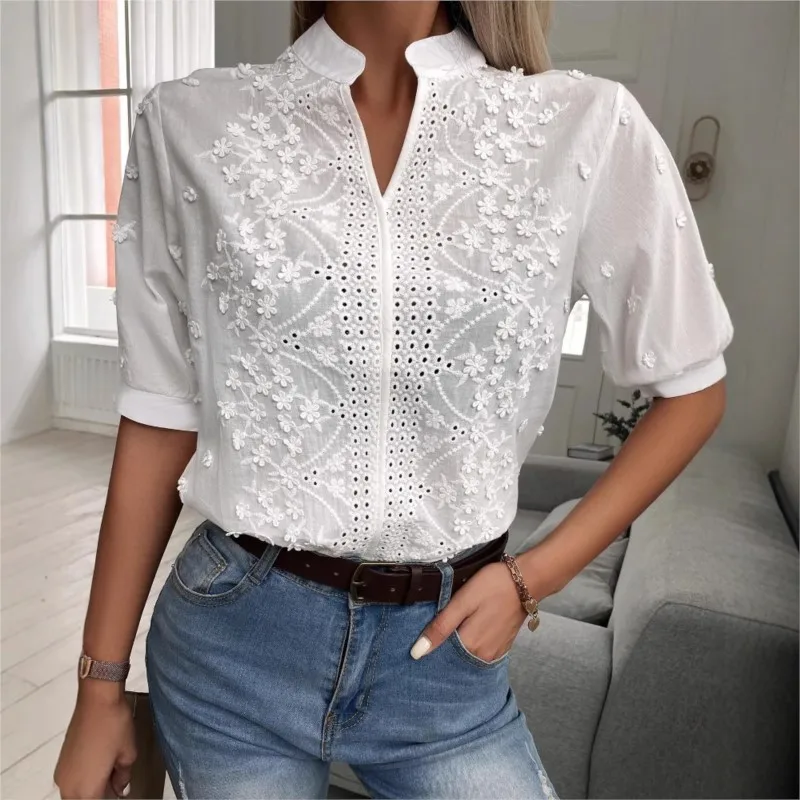 Fashion Elegnat White Top Blouse for Women V Neck Short Sleeve Lace Hollow out Casual Shirts Office Party Female Summer 2026
Fashion Elegnat White Top Blouse for Women V Neck Short Sleeve Lace Hollow out Casual Shirts Office Party Female Summer 2026