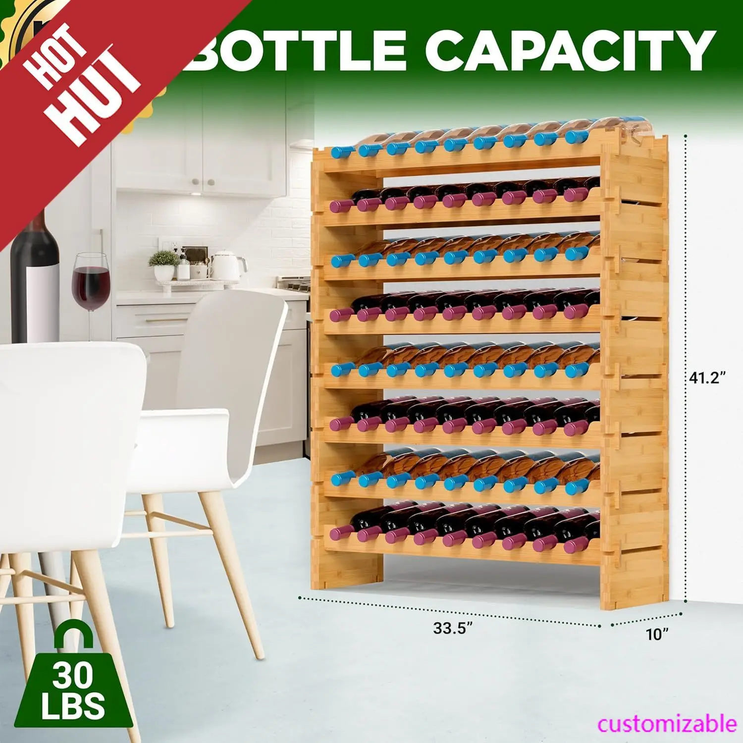Bamboo Stackable Wine Rack, 8-Tier 72 Bottle Capacity Wine Racks Free Standing Floor, No Tools Assembly Cellar 33.5" x 10" x 42"
Bamboo Stackable Wine Rack, 8-Tier 72 Bottle Capacity Wine Racks Free Standing Floor, No Tools Assembly Cellar 33.5" x 10" x 42"