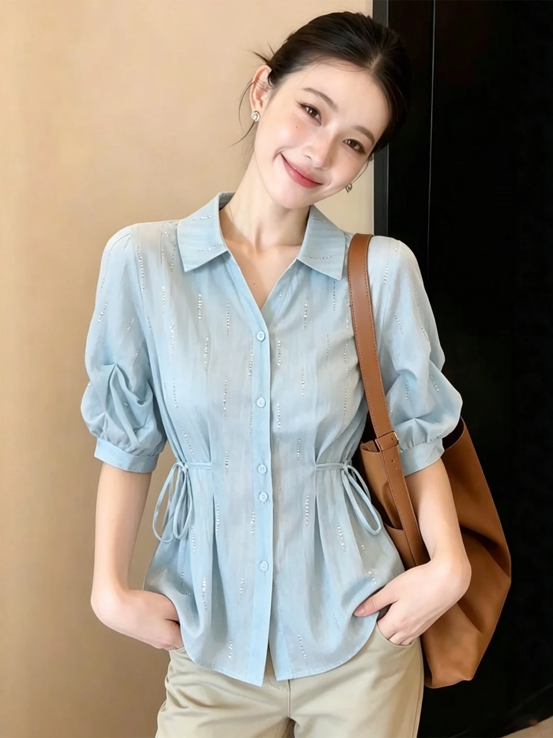 Blue Bubble Sleeve Shirt Women's Belted Slim Fit Turn-down Collar Tie-waist Summer Casual Fashion Top Short Sleeve Shirt
Blue Bubble Sleeve Shirt Women's Belted Slim Fit Turn-down Collar Tie-waist Summer Casual Fashion Top Short Sleeve Shirt