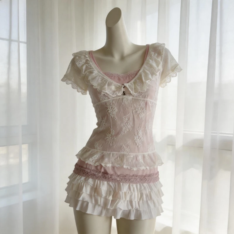 Vintage Style Cute Girl Sweet Lace Women's Matching Sets V-neck Short-sleeve Top + Pink Vest Undershirt + Mini Skirt Set 2026
Vintage Style Cute Girl Sweet Lace Women's Matching Sets V-neck Short-sleeve Top + Pink Vest Undershirt + Mini Skirt Set 2026