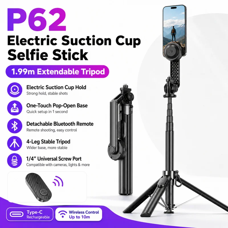 Electric Suction Cup Selfie Stick Tripod, P62 Portable Phone Holder Stand with Bluetooth Remote for Vlog Live Stream
Electric Suction Cup Selfie Stick Tripod, P62 Portable Phone Holder Stand with Bluetooth Remote for Vlog Live Stream