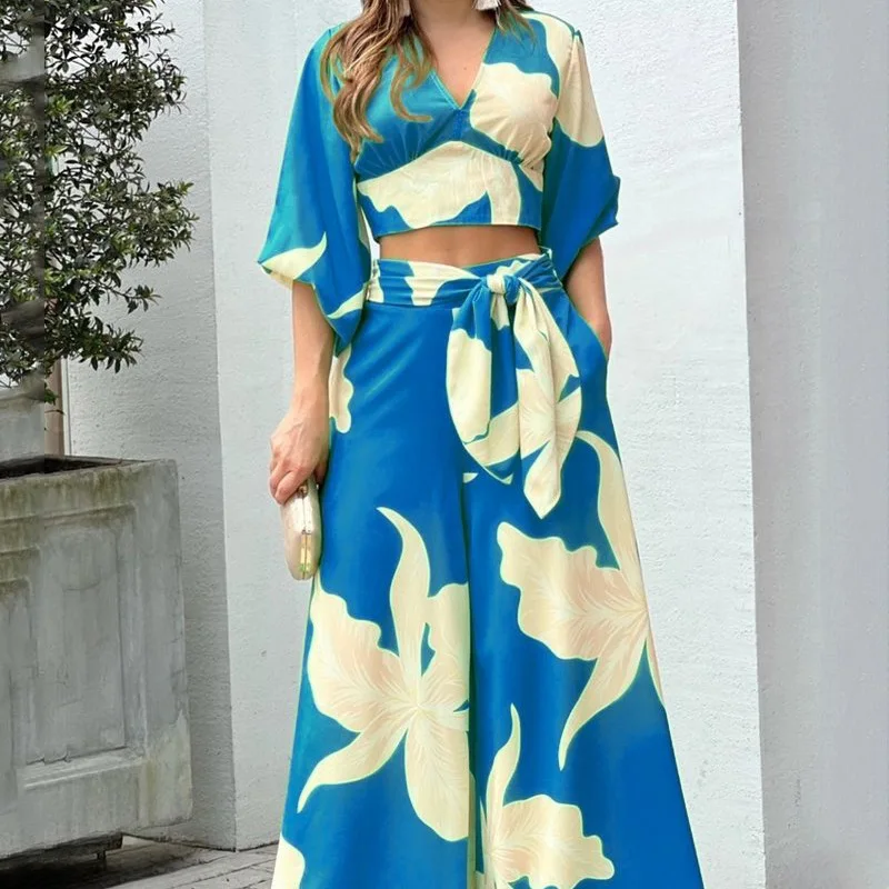 Ladies Two Pieces Suit Full Set INS Women's V-neck Lantern Sleeves Short Top High Waist Wide Leg Pants Fashion Casual Set
Ladies Two Pieces Suit Full Set INS Women's V-neck Lantern Sleeves Short Top High Waist Wide Leg Pants Fashion Casual Set