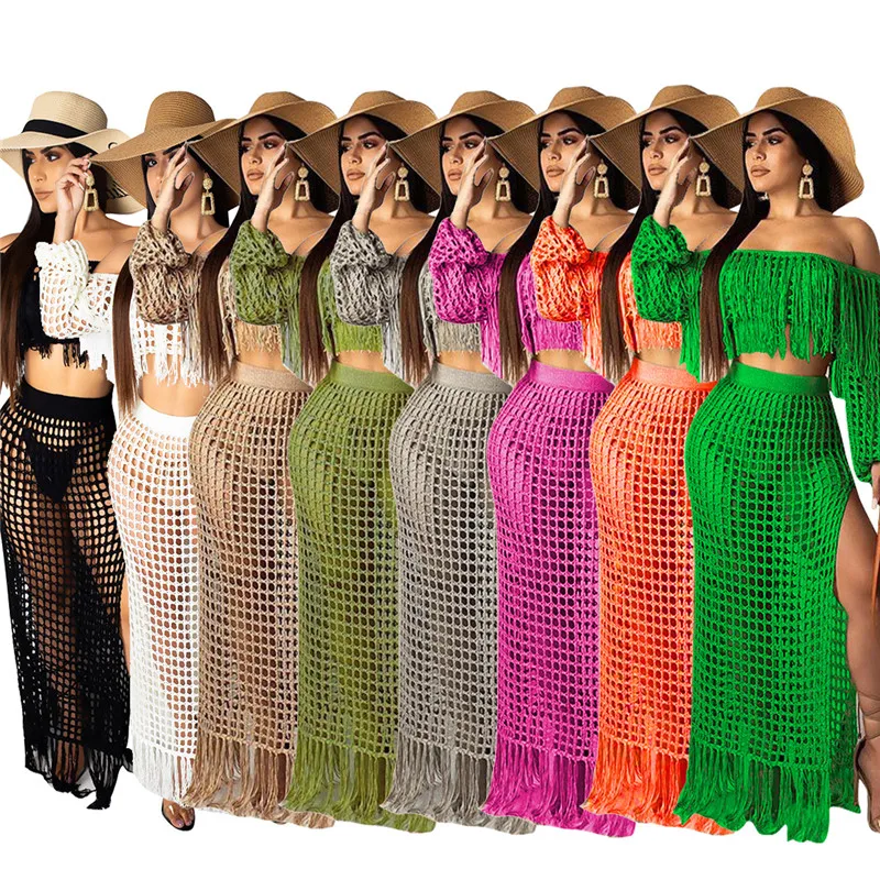 Off Shoulder Slash Neck Crop Top High Waist Tassel Skirt Women Two Piece Set Sexy Hollow Out See Through Beach Bikinis Cover Ups
Off Shoulder Slash Neck Crop Top High Waist Tassel Skirt Women Two Piece Set Sexy Hollow Out See Through Beach Bikinis Cover Ups