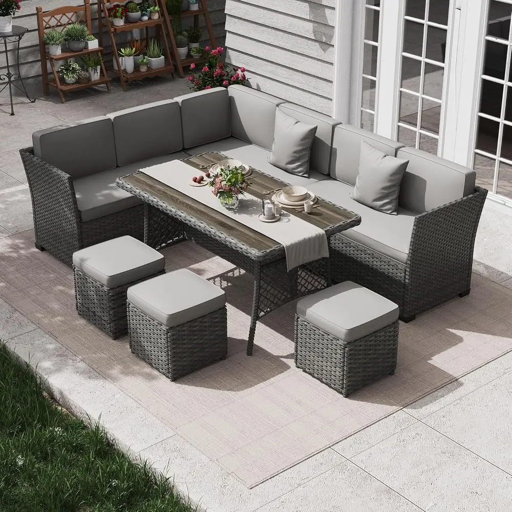 7-Piece Outdoor Wicker Patio Dining Set with Table and Ottoman in Grey-Light Grey
7-Piece Outdoor Wicker Patio Dining Set with Table and Ottoman in Grey-Light Grey