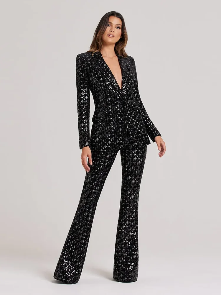 Sexy Two Piece Pants Set Women Black Shiny Sequins Single Button Blazer + Wide Legs Pants Suits Elegant Evening Party Gowns
Sexy Two Piece Pants Set Women Black Shiny Sequins Single Button Blazer + Wide Legs Pants Suits Elegant Evening Party Gowns