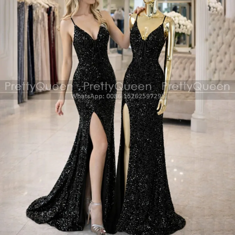 Black Sequined Bridesmaid Dresses Long Side Split Mermaid Spaghetti Straps Customized Sheath Wedding Party Dress
Black Sequined Bridesmaid Dresses Long Side Split Mermaid Spaghetti Straps Customized Sheath Wedding Party Dress